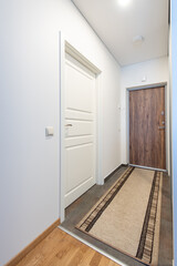 Modern Hallway with Wooden Door and Simple Floor Rug in Interior