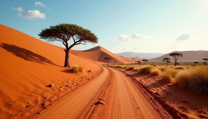 Namibian gravel road winds through red dunes, acacia trees , dunes, wildlife, Namibia