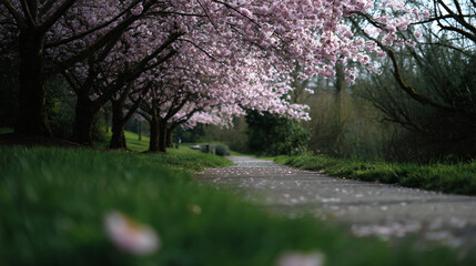 Peaceful park path under cherry blossoms.