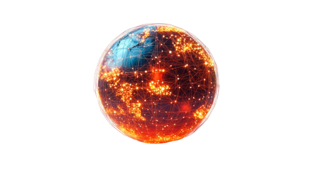 Global network sphere node connection, cut out transparent