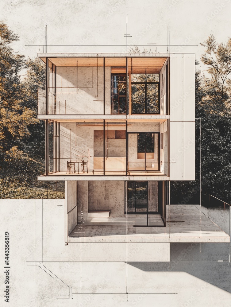 Poster architectural model of a contemporary three-story building structure with open interior views and a 