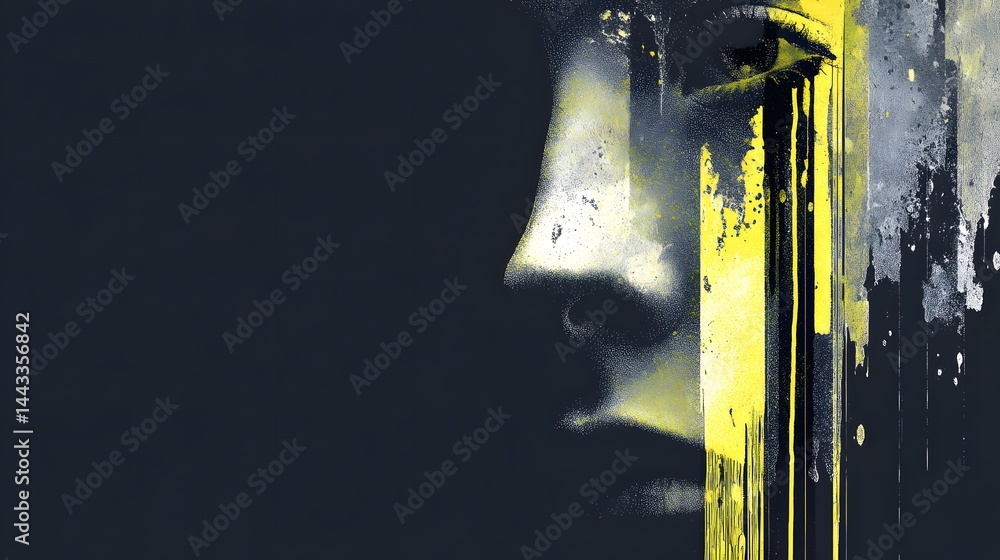 Poster abstract close-up of a person's face with dripping paint-like effects, creating a mysterious and art