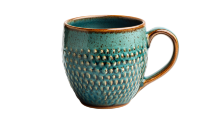 Turquoise mug with brown accents, cut out transparent
