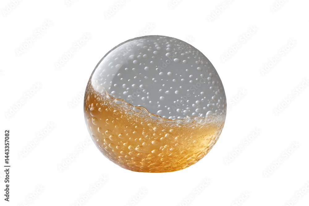 Poster captivating translucent orb with golden jelly texture and intricate bubbles, isolated to enhance vis