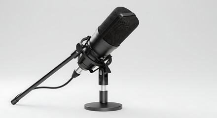 Studio Microphone: Black Condenser Mic with Stand, Angled View on White.