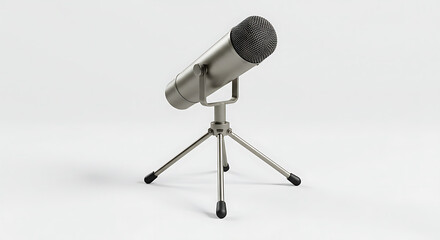 Silver microphone on a tripod stand with foam windscreen, isolated on a clean white background.