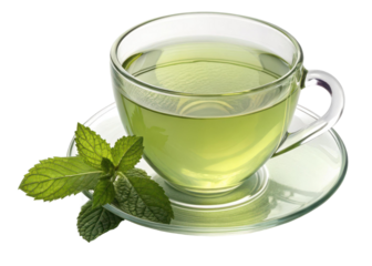 A cup of green tea with fresh mint leaves on a saucer against a transparent background in a clear glass cup