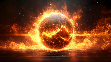 Obraz premium Flaming sphere with intricate wireframe blazing in fiery destruction against a dark atmospheric backdrop