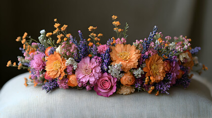 Fototapeta premium Floral display featuring orange and pink blooms accented with purple and white sprigs on textured fabric