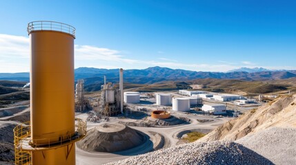 Obraz premium Rare Earth Industrial Concept, Panoramic View of Massive Industrial Site on Earth with Clear Blue Sky and Mountainous Background