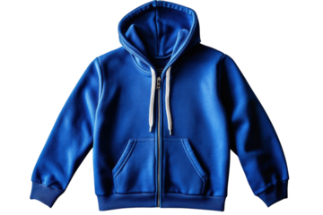 Stylish royal blue zip up hoodie perfect for casual wear shown against a black background on transparent background