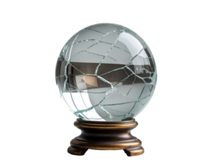 Capturing the fragility of fate, A cracked crystal ball on a stand symbolizing shattered dreams and uncertain futures, its isolation amplifying the sense of vulnerability