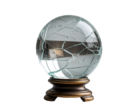 Capturing the fragility of fate, A cracked crystal ball on a stand symbolizing shattered dreams and uncertain futures, its isolation amplifying the sense of vulnerability