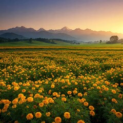 Fototapeta premium Marigold Valley and Snow Mountains at Spring Sunrise – 4K Ultra-HD Wallpaper | Spring image, spring background, spring wallpapers, spring images, spring wallpaper