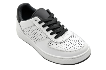 Stylish white perforated sneaker with black laces a classic design on a black background Clean on transparent background