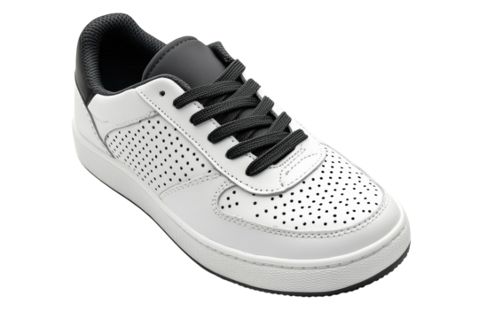 Stylish white perforated sneaker with black laces a classic design on a black background Clean on transparent background
