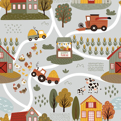 Seamless vector pattern in flat cartoon style featuring a playful farm scene with barn, shed, windmill, tractor, cows, horses, sheep, and trees on white. Ideal for kids' design and decor.