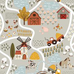 Seamless vector pattern in flat cartoon style. Features a playful farm scene with barn, shed, windmill, tractor, cows, horses, sheep, and trees. Isolated on white. Perfect for kids&rsquo; design and decor.