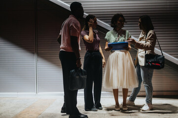 A dynamic group of professionals in an urban setting engrossed in a conversation. The image...