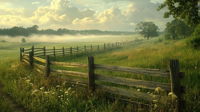 Scenic landscape vista with rustic wooden fence, green meadow, wildflowers, and morning mist in peaceful countryside