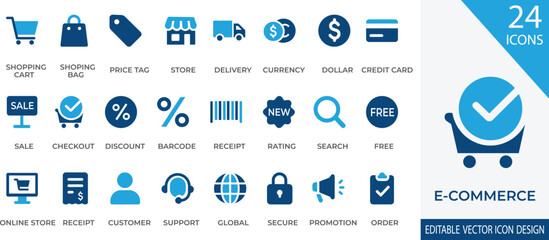 A modern vector icon set designed for e-commerce and online shopping platforms. This collection features shopping carts, bags, price tags, store icons, delivery services, currency