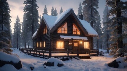 A cozy cabin nestled in a snowy forest with warm light glowing from the windows on a winter evening