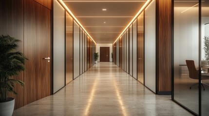 Long office corridor with wood paneling glass walls and bright lighting.