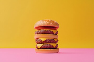 A large hamburger with three patties and a lot of cheese. The burger is stacked on top of itself, creating a towering and impressive appearance. Concept of indulgence and satisfaction