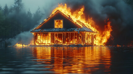 Fototapeta premium A house engulfed in flames reflected in the water against a backdrop of dark misty trees