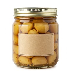 Homemade Garlic Confit Jar with Blank Label Isolated on White Background