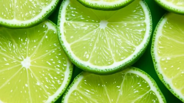Fresh green lime slices arranged in vibrant patterns, perfect for culinary and beverage presentations.