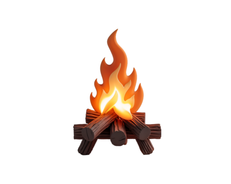 Charming Miniature Campfire in Cartoon Style, A Cozy and Whimsical Depiction of a Burning Campfire Featuring Detailed Cartoonish Wood Logs and Bright Flames