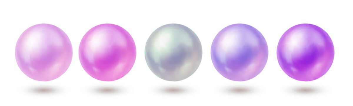 Vector image of five glossy pearls in pink, purple, and iridescent tones with soft shadows on white, ideal for luxury, fashion, or cosmetic design projects.