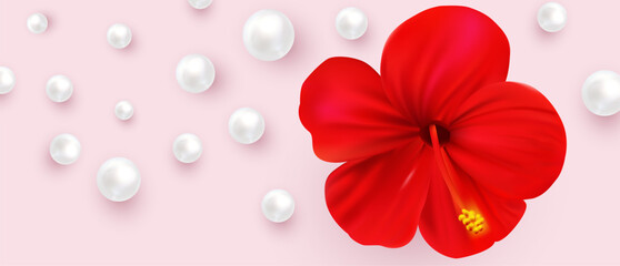 Vector image of a bright red hibiscus flower surrounded by white pearls on a soft pink background, ideal for beauty, spa, wedding, or tropical-themed designs