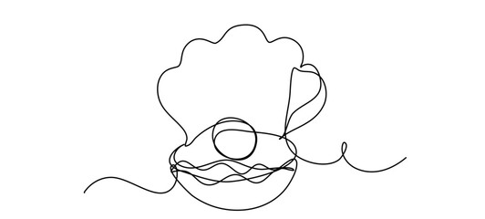 Minimalistic vector illustration of an open seashell with a pearl drawn in a single continuous line. Perfect for modern beauty, jewelry, and fashion branding or packaging