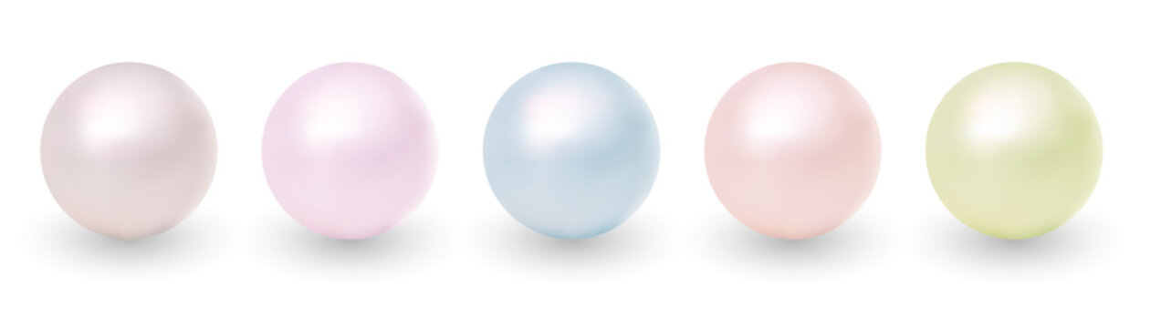 Realistic vector illustration of glossy pastel pearls in soft tones, ideal for fashion, beauty branding, cosmetics packaging, and elegant promotional materials