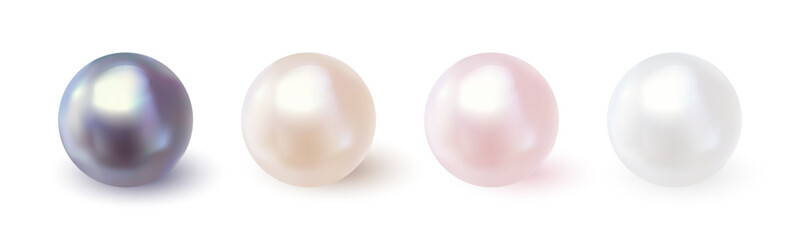 Obraz premium Vector realistic illustration of four glossy pearls in black, cream, pink, and white colors on a white background. Perfect for luxury, jewelry, fashion, or beauty-themed projects