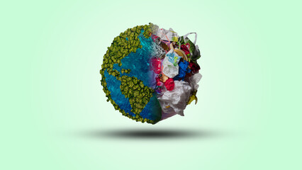Planet vs. Plastics, Earth day 2024 concept 3d tree background. Ecology concept. Design with globe map drawing and leaves isolated on white background. 