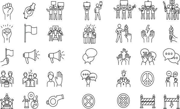 Protest, activism line icon set. Vector pictograms of raised fists, placard, march, demonstration, civil rights, freedom of speech