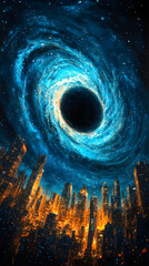 City skyline beneath a swirling vibrant nebula with a dark central vortex in a night sky