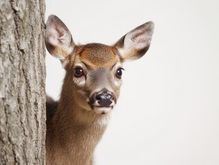 Obraz premium Young deer peeking from behind a tree trunk
