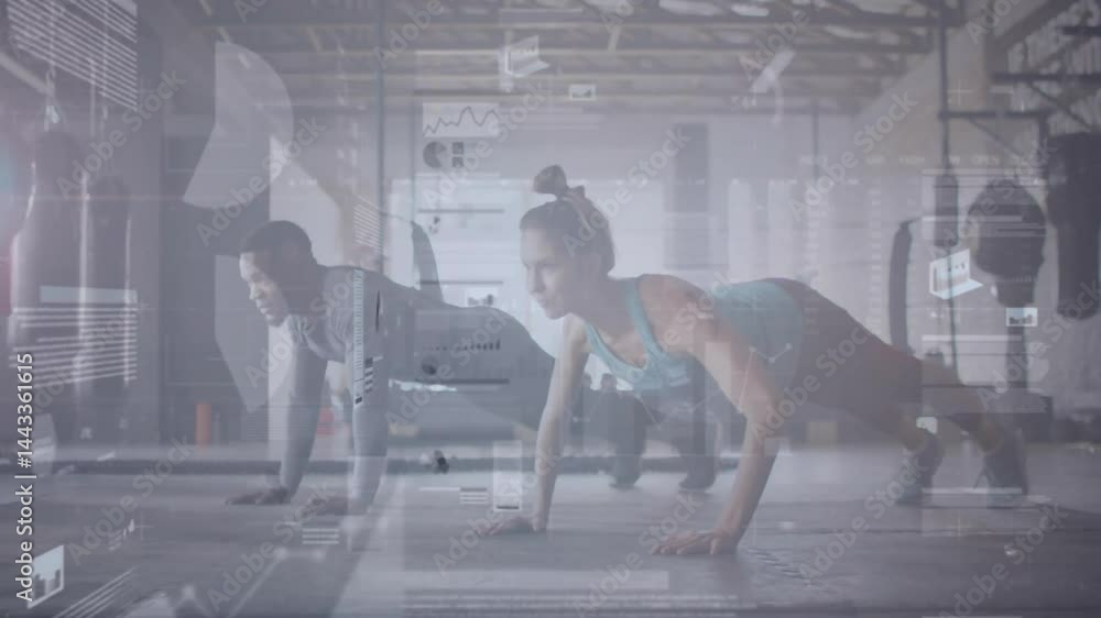 Poster man and woman doing synchronized push-ups in industrial gym, displaying floating performance charts