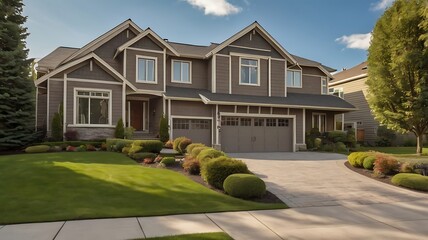 Exterior of a large two story house with a well manicured lawn and a concrete driveway on a sunny day