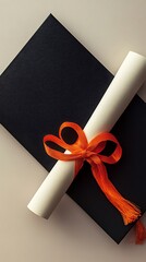 Diploma Tied with Orange Ribbon on Black Cover and Beige Background, Certificate
