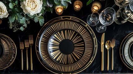Obraz premium art deco table setting, black and gold plates, bold geometric design, elegant dinner table 