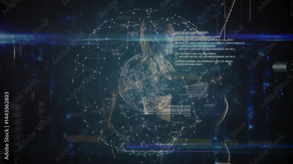 Poster woman interacting with glowing 3d network while showcasing technology with floating code and data