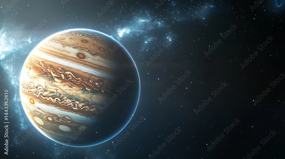 Poster majestic planet jupiter surrounded by cosmic phenomena and ethereal aurora displaying moody shadow p