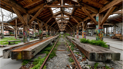 Overgrown railway tracks within a decaying, graffiti-covered wooden structure, showcasing nature reclaiming urban decay.