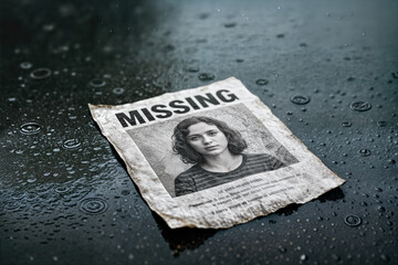 Soaked by Rain Water Missing Person Poster with Lost Woman Photo Lying on Wet Asphalt Ground with Raindrops 