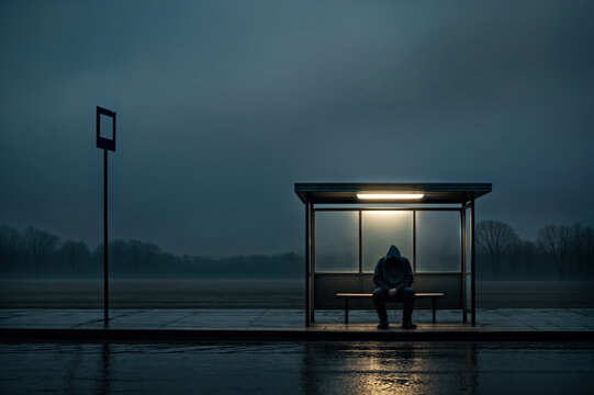 Solitary Figure of Man in Hoodie Sitting Alone at Isolated Bus Stop At Rainy Evening with Empty Gray Sky Background, Depression and Social Isolation Concept